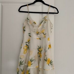 Japna brand women’s white chiffon ruffle lemon print tank strap Sundress SMALL